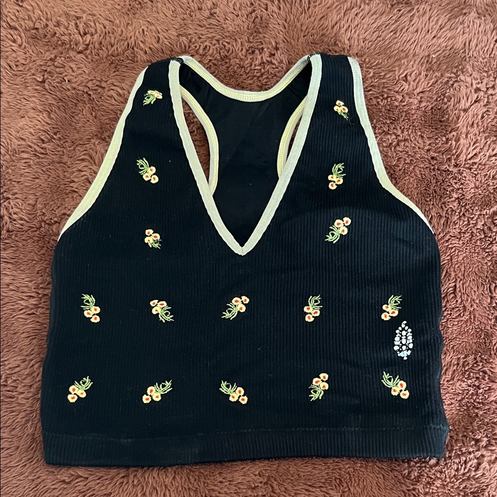 Free People Black Crop Top with Yellow and Green Embroidery